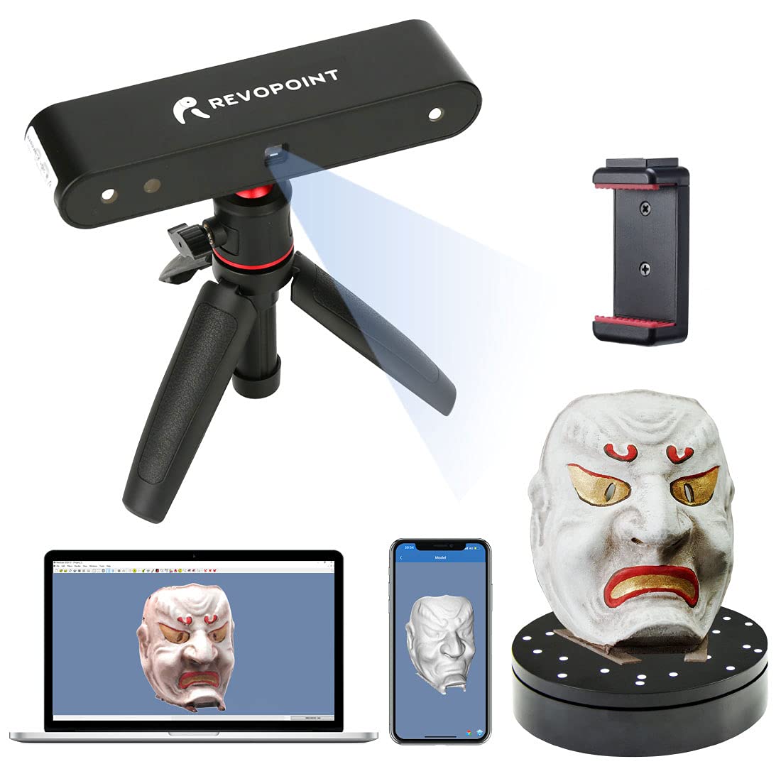 Revopoint POP 3D Scanner with Turntable 0.3mm Accuracy 8 Fps Scan Speed Desktop and Handheld Fixed/Auto Scan Mode for Face and Body Scanning Modes