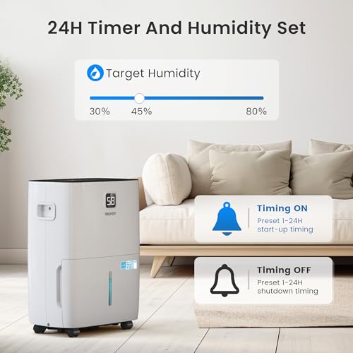 Yaufey 2500 Sq. Ft Home Dehumidifier for Medium to Large Rooms and Basements with Auto or Manual Drainage, 0.48 Gallon Water Tank Capacity