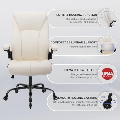 Big and Tall Office Chair for Heavy People 400lb, Executive Desk Computer Chair Adjustable Flip-up Armrests