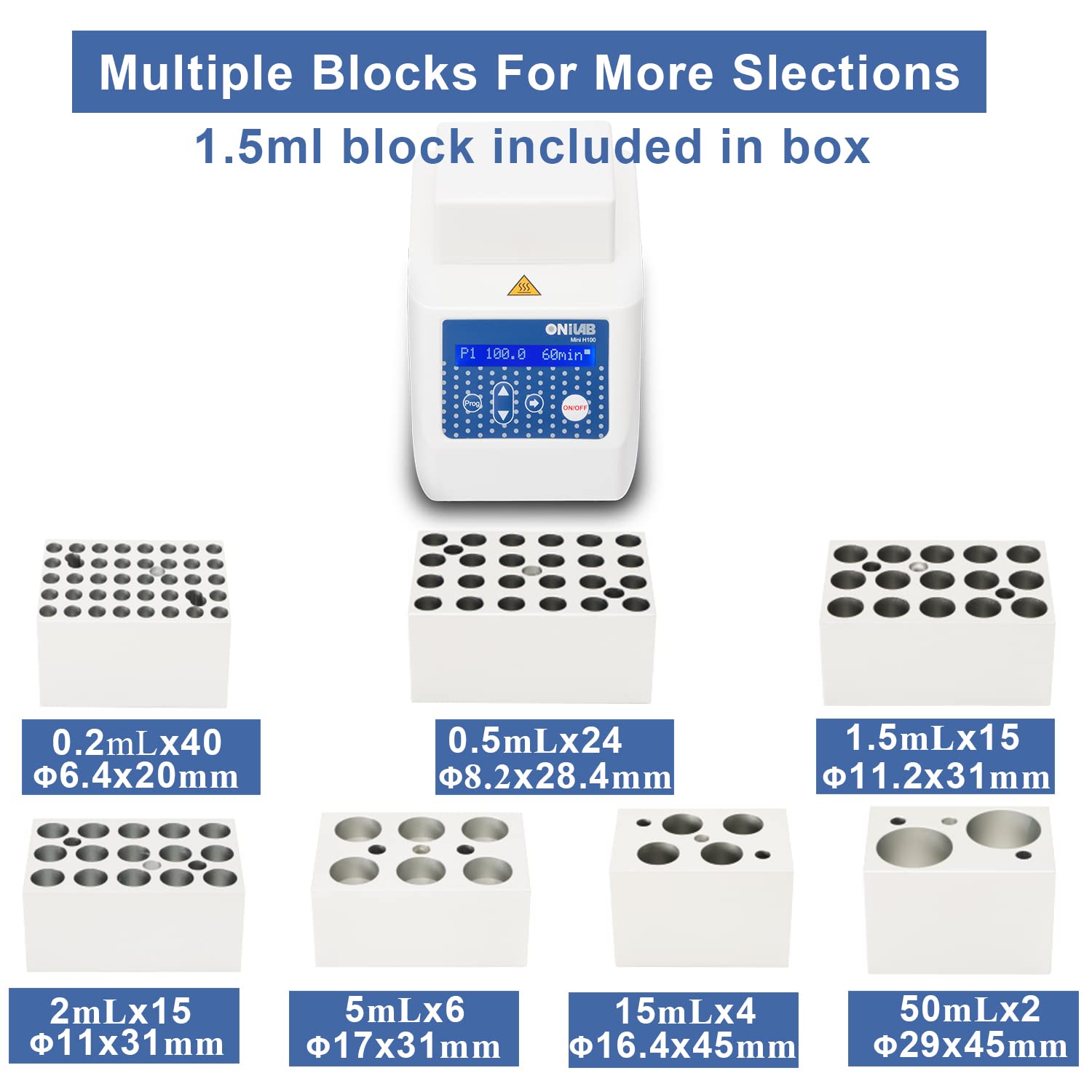 ONiLAB Mini Dry Bath Incubator,15 x1.5ml Aluminium Heating Block, LCD Display, Timer Control,UP to 100°C， ± 0.5°C Accuracy,9 Programs in Memory