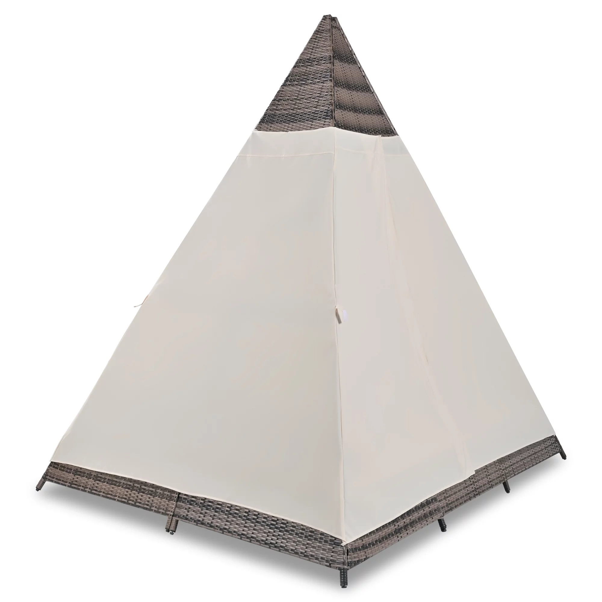 Syngar Outdoor Patio Sunbed with Removable Curtain, All Weather PE Wicker Tent-Shaped Daybed with Beige Cushions and Colorful Pillows
