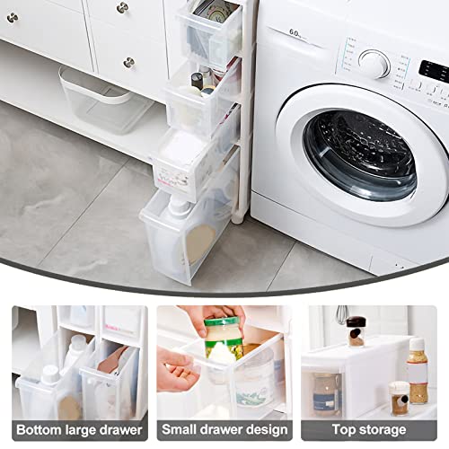 Narrow Tall Floor Cabinet for Bathroom, Vertical Storage Unit with 4 Clear Drawers and Casters