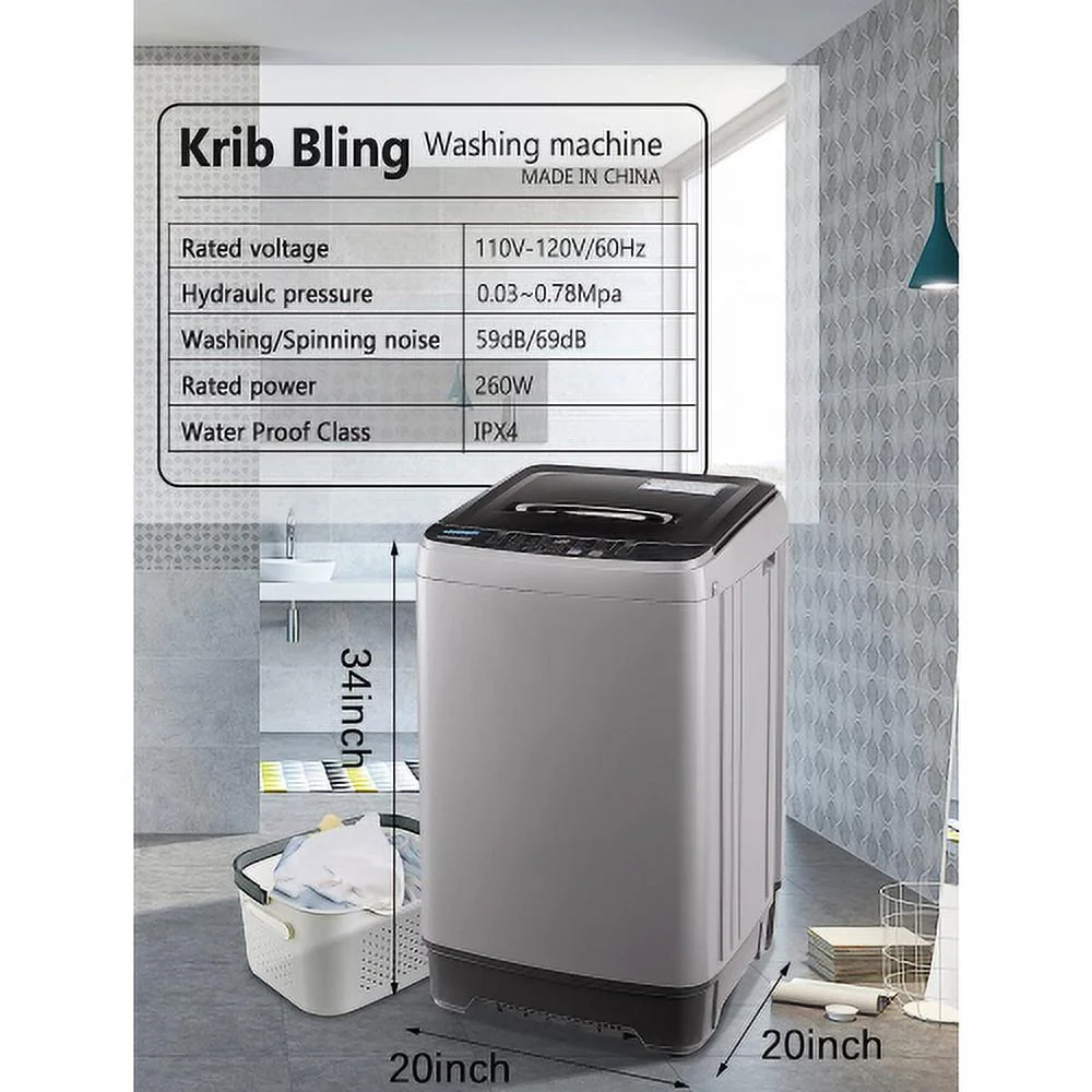 Full-Automatic Washing Machine with LED Display, 17.7 lbs Portable Compact Laundry Washer with Drain Pump, 10 Wash Programs 8 Water Levels