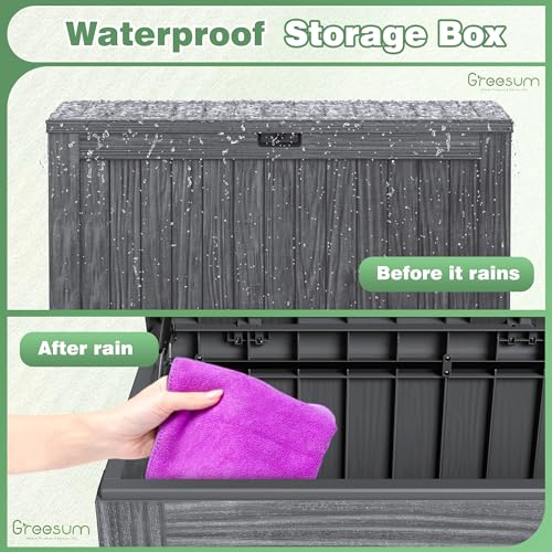 Greesum 120 Gallon Outdoor Storage Box with Lock - Large Resin Deck Box, Reinforced Lid for Garden, Patio, Lawn, Black