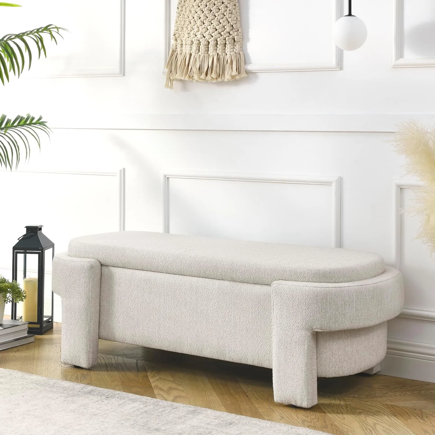 51.5" Oval Storage Bench End of Bed Storage Ottoman Benches Linen Fabric Upholstered Ottoman Bench with Large Storage Space for Living Room Entryway