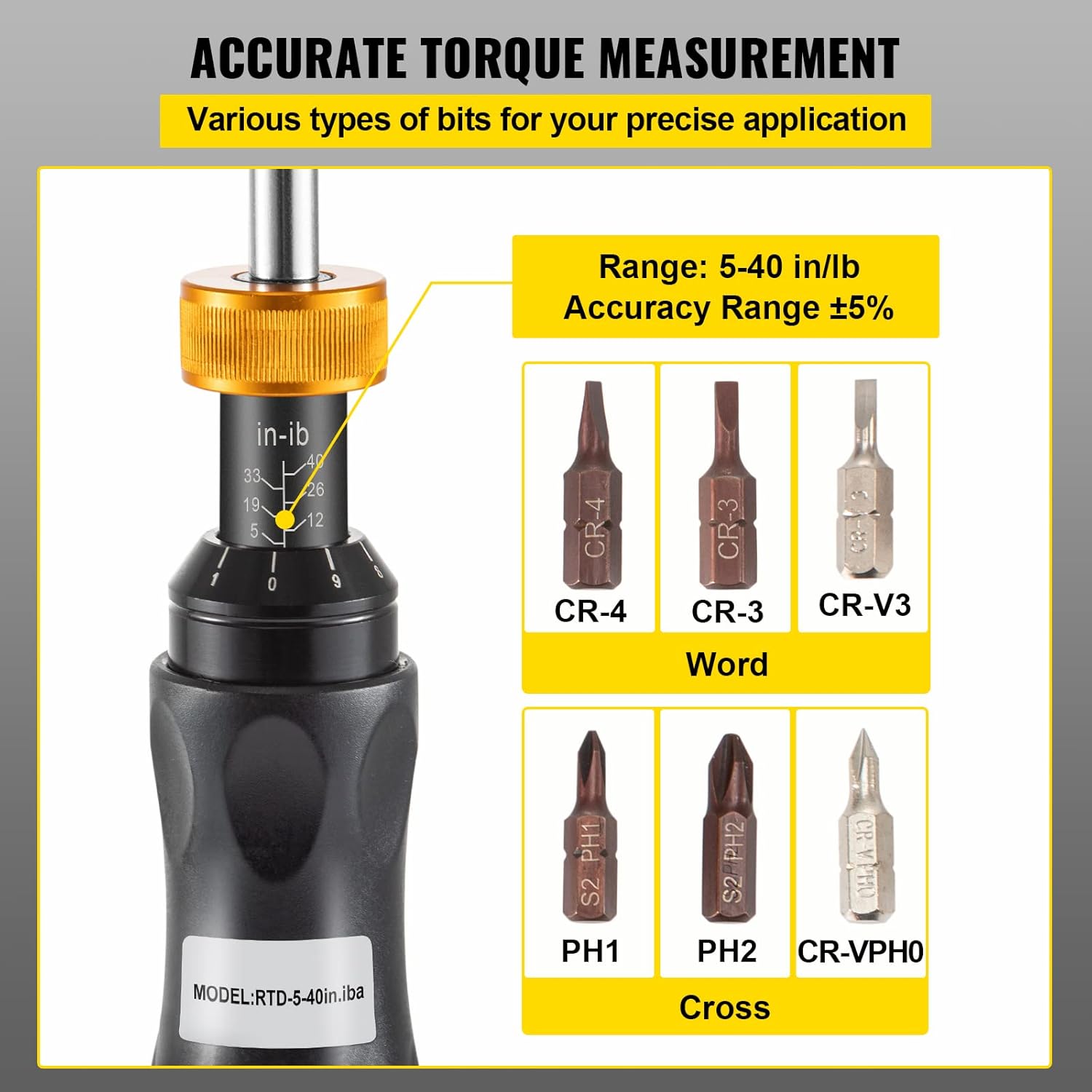 VEVOR Torque Screwdriver, 1/4 Drive Screwdriver Torque Wrench, Torque Screwdriver Electrician 5-40 in/lbs Torque Range Accurate to ±5%