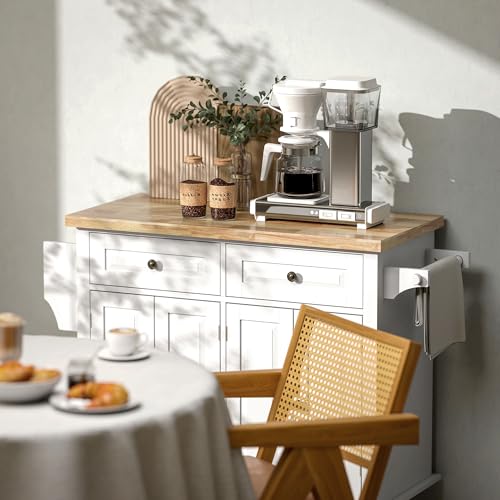 HOMCOM Kitchen Island on Wheels, Rolling Cart with Rubberwood Top, Spice Rack, Towel Rack and Drawers for Dining Room, Navy Blue