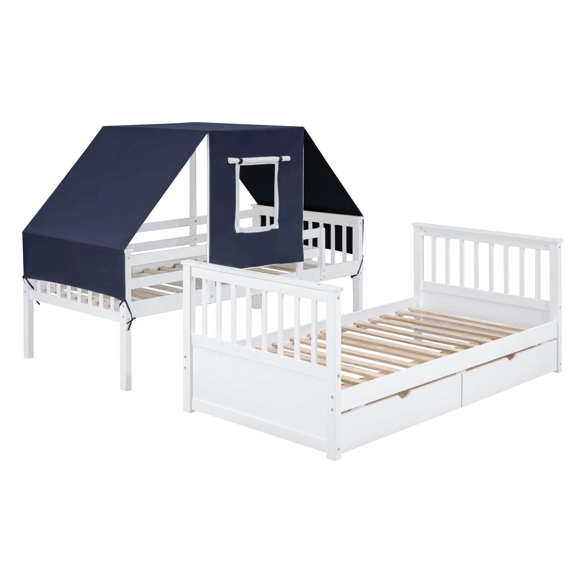 Twin Over Twin Bunk Bed with Tent and Drawers for Boys/Girls/Teens Bedroom, Wood Bed Frame with Safety Guardrail, No Box Spring Needed with Roof