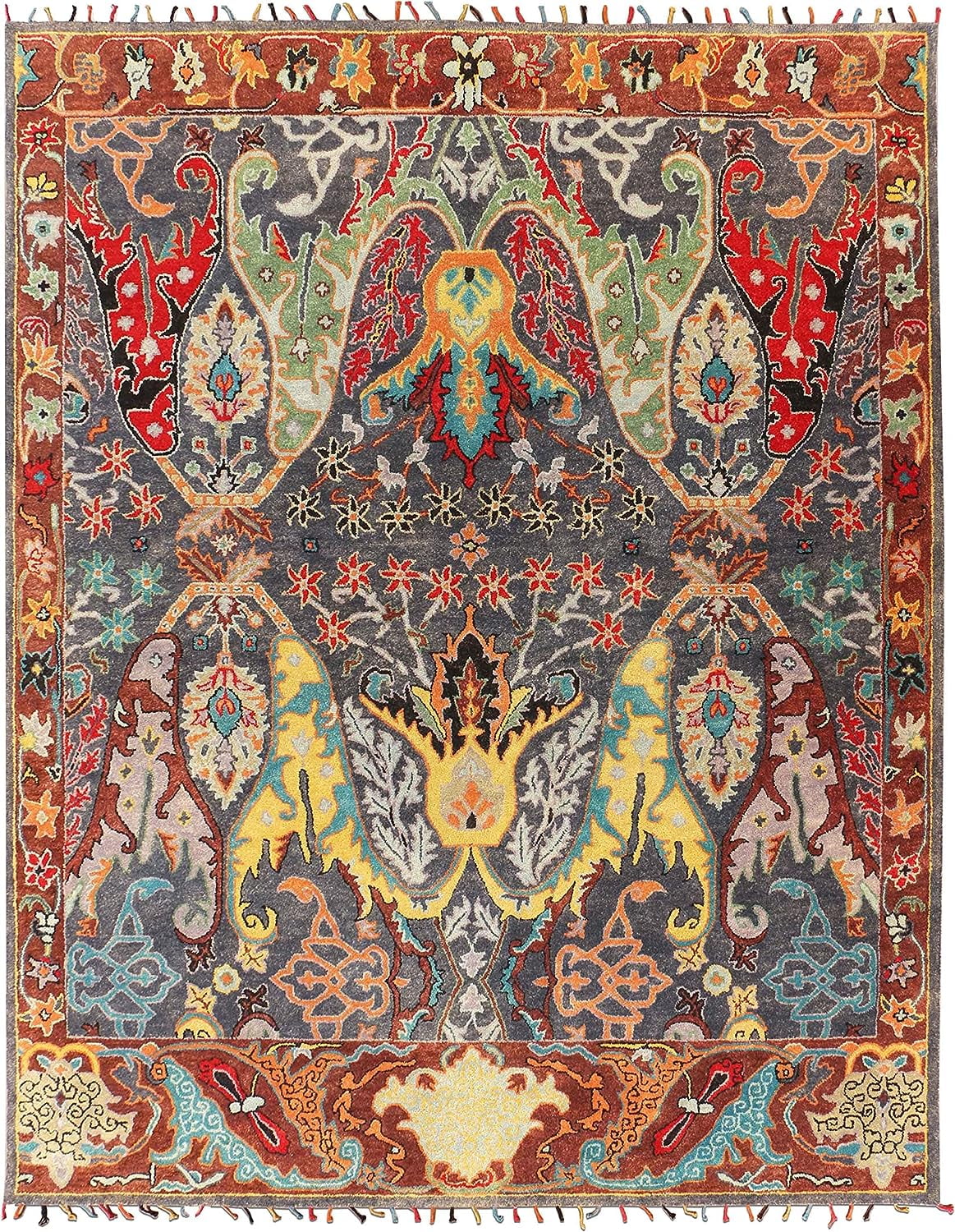 New Morris Ikat Multi Grey Handmade Tufted Parsian Style 100% Woolen Rugs & Carpet