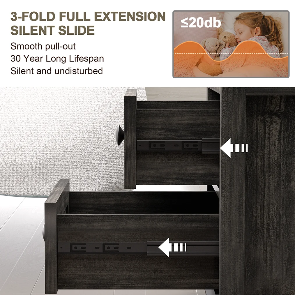 24” Tall End Table with Fast USB C Charging Station,Sofa Side Table with 2 Drawers, Large Storage Rustic Wood Square Storage Cabinet for Living Room