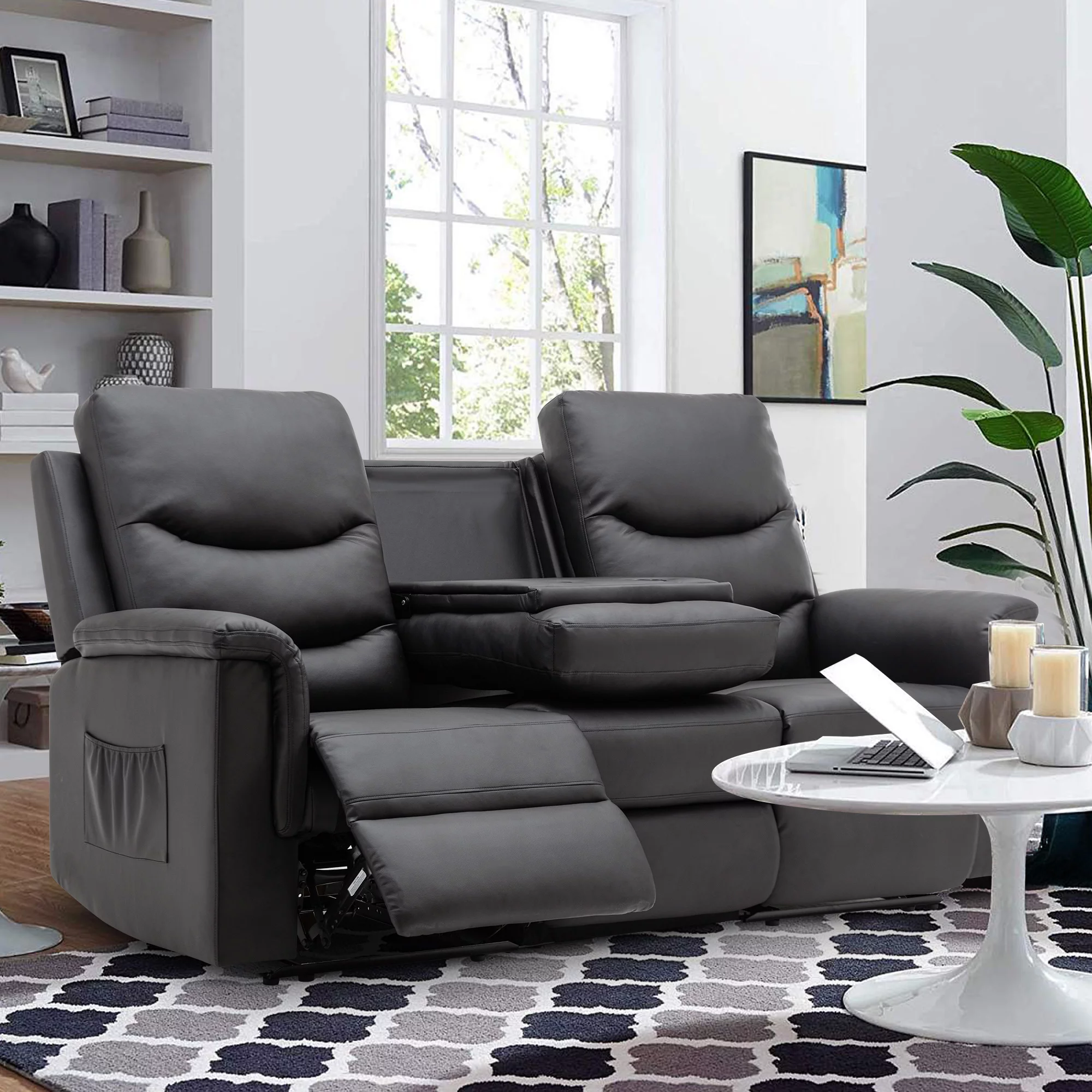 Reclining Sofa, 3 Seater Sofa Recliner with Flipped Middle Backrest, PU Leather Reclining Sofa with 2 Cup Holders and Console Slate