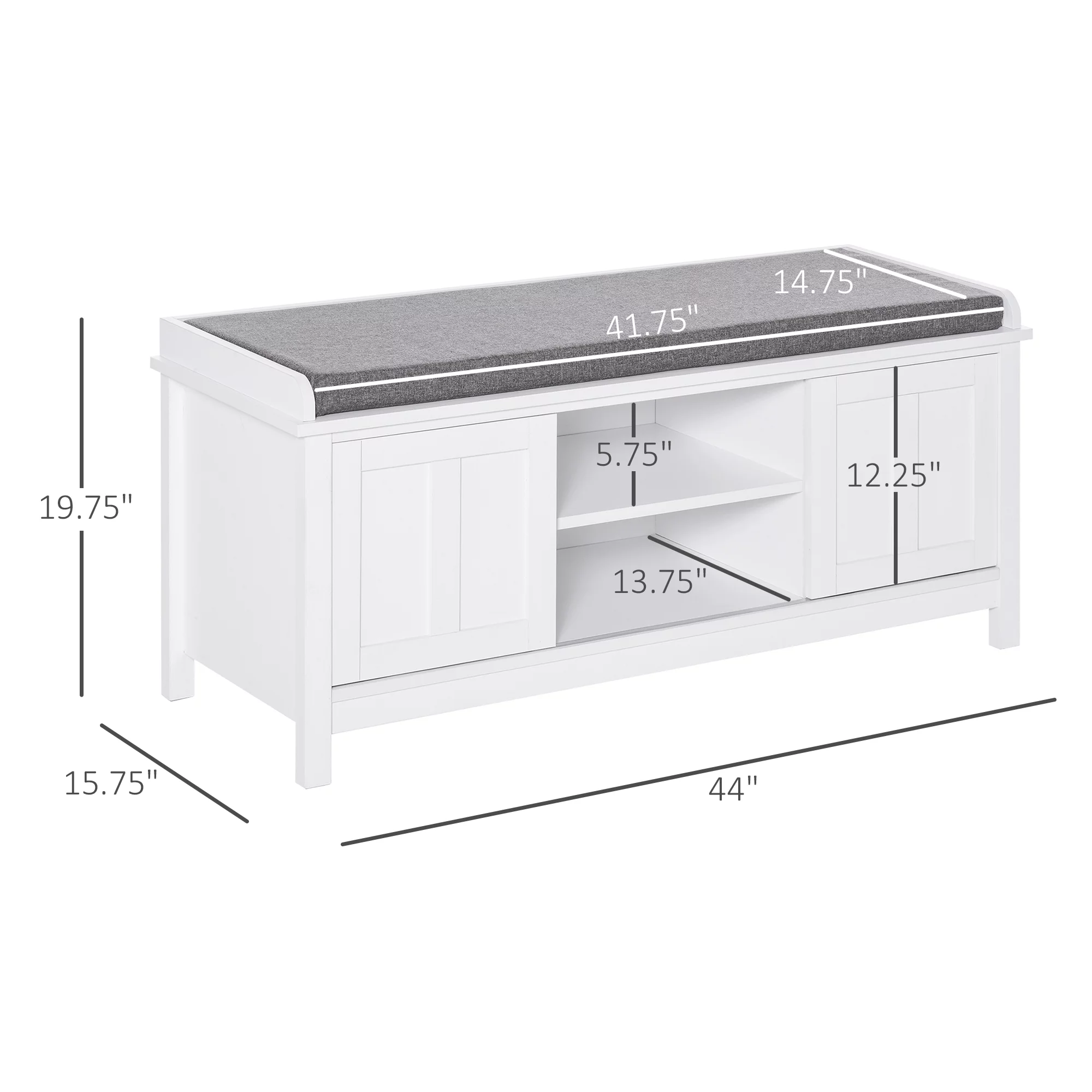 HOMCOM Entryway Shoe Bench Storage Ottoman with Sliding Doors, Adjustable Shelving, 6 Compartments, and Padded Seat, Holds 10 Pairs, White/Gray