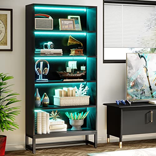 Tribesigns Tall Bookcase Black Bookshelf, 70.8” Large Bookcases Organizer with LED Lights