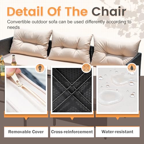 Devoko Outdoor Patio Furniture 3-Piece Rattan Waterproof Outdoor Sectional Sofa All-Weather L Shaped Patio Couch with Cushion Glass Table for Balcony