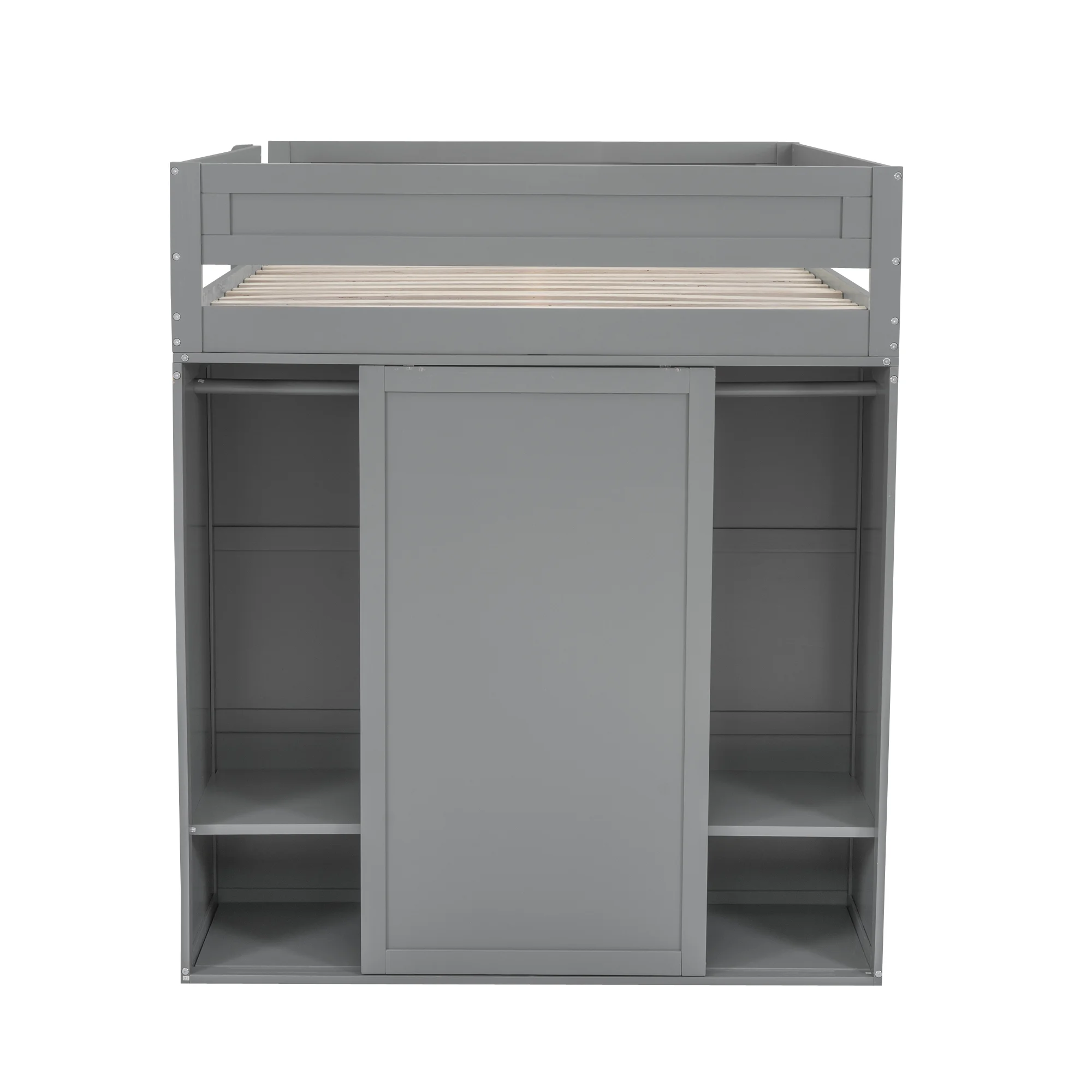 EUROCO Wood Full Size Loft Bed, Storage Desk and Drawers, Wardrobe with Clothes Hanger and Sliding Door for Living Room, Gray - Radiant Selections