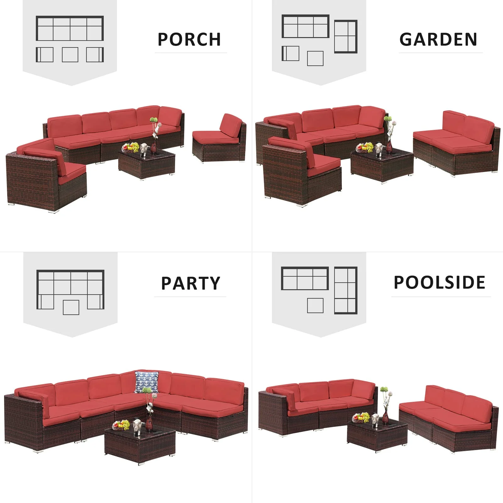 Amopatio 7 Pieces Patio Conversation Set, Outdoor Sectional PE Rattan Wicker Furniture Seat,Red - Curated Treasures Market