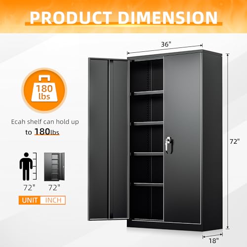 INTERGREAT Metal Storage Cabinets 72” Black Garage Steel Storage Cabinet with Doors and Shelves, Metal Tool Cabinet