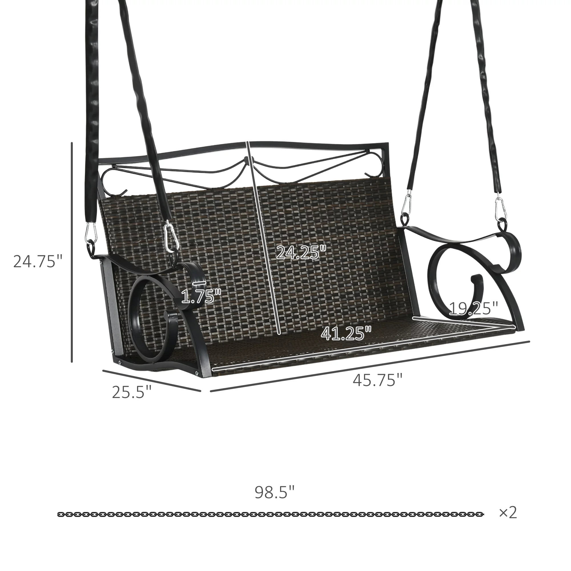 Outsunny 2-Person Wicker Porch Swing, Hanging Swing Bench, Brown