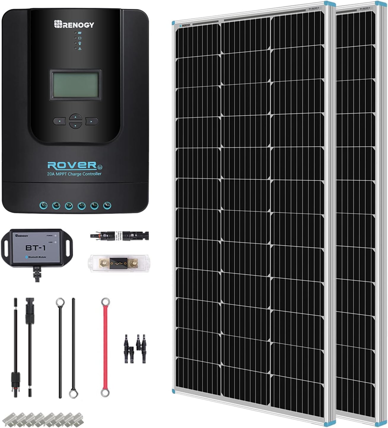Renogy 400 Watt 12 Volt Premium 4 Pcs 100W Panel+40A MPPT Charge Controller+ Bluetooth Module Fuse+ Mounting Z Brackets+Adaptor Kit +Tray Cables Set