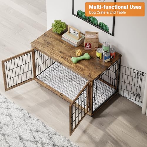 Lulive Dog Crate Furniture for Medium Dogs, 32'' Dog Kennel Indoor with Cushion & Wheels Wooden Dog Cage Double Doors Dog Crate End Table, Grey