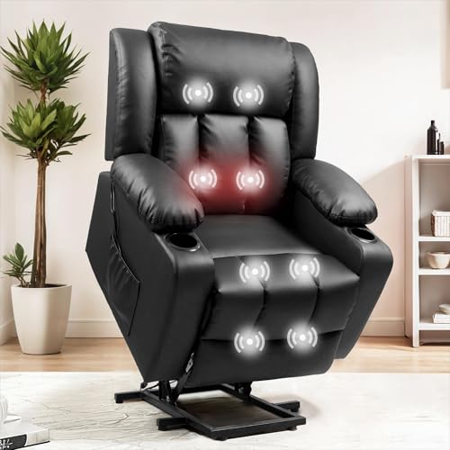 FLEXISPOT XL31 Power Lift Recliner Chair for Elderly, Electric Lift Chair with Massage & Heat, PU Leather Reclining Sofa w/Cup Holders