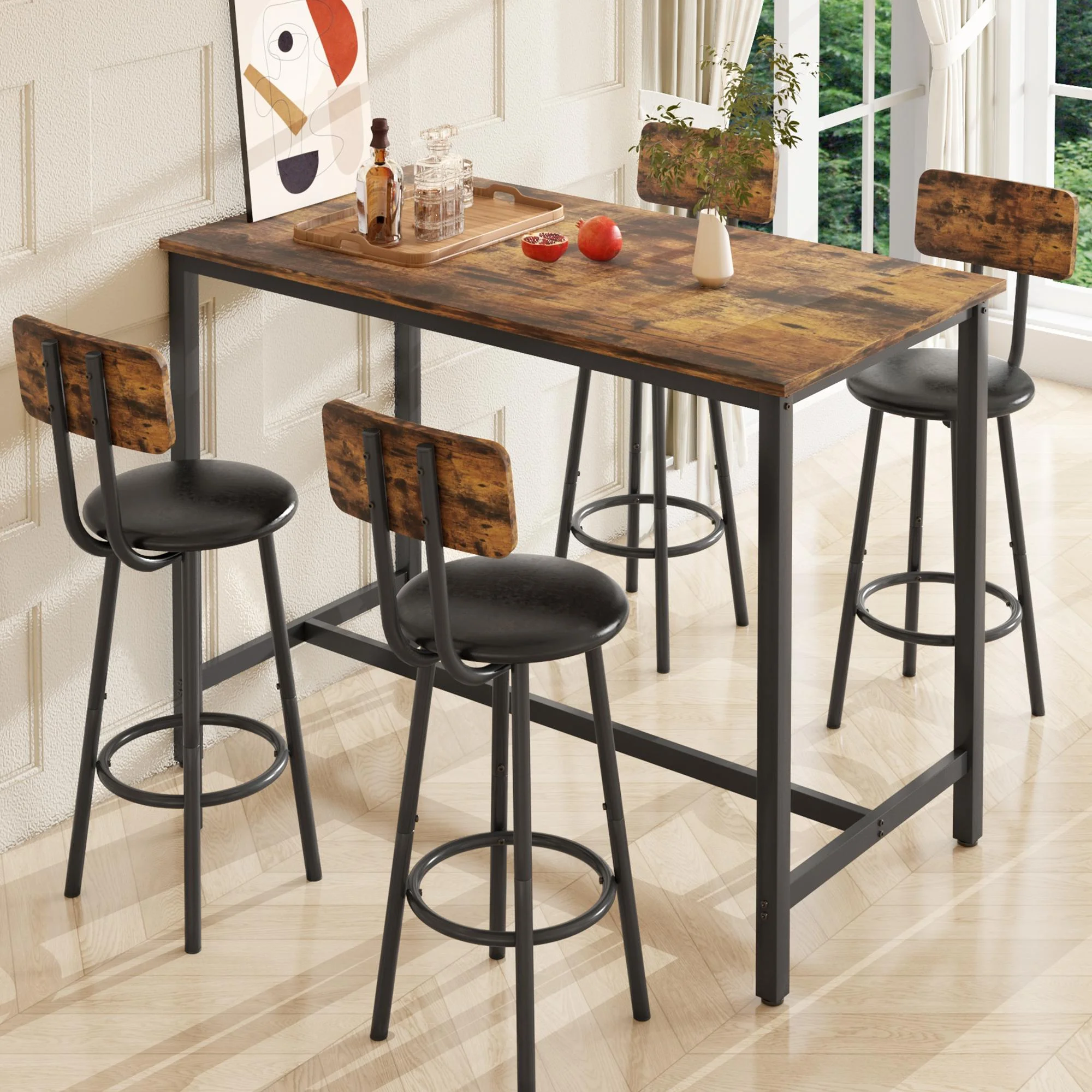Paproos 5 Piece Dining Table Set, Bar Height Kitchen Table and Upholstered Stools with Backrest, Wooden Table Top and Metal Frame