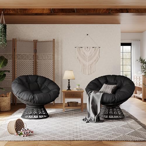 Yaheetech Indoor Papasan Chairs with Thick Tufted Cushions and Frame, Swivel Wicker Ergonomic Lounge Reading Chairs for Living Room/Bedroom, Black