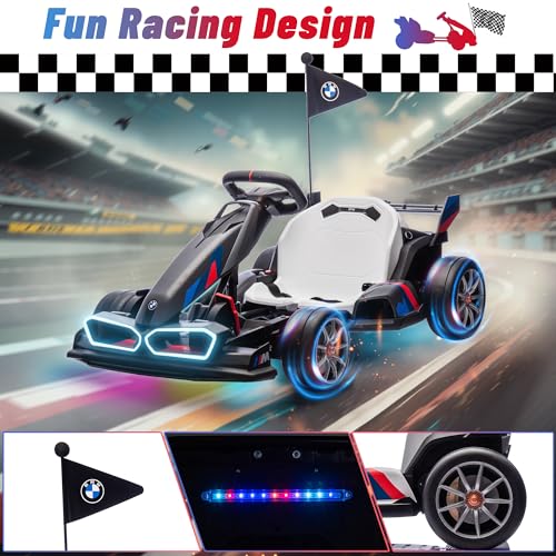 Electric Go Kart with Adjustable Seat, 24V Licensed BMW Drift Kart with Dual 200W Motors, Crazy Go Cart for Kids Ages 6-12, LED Lights
