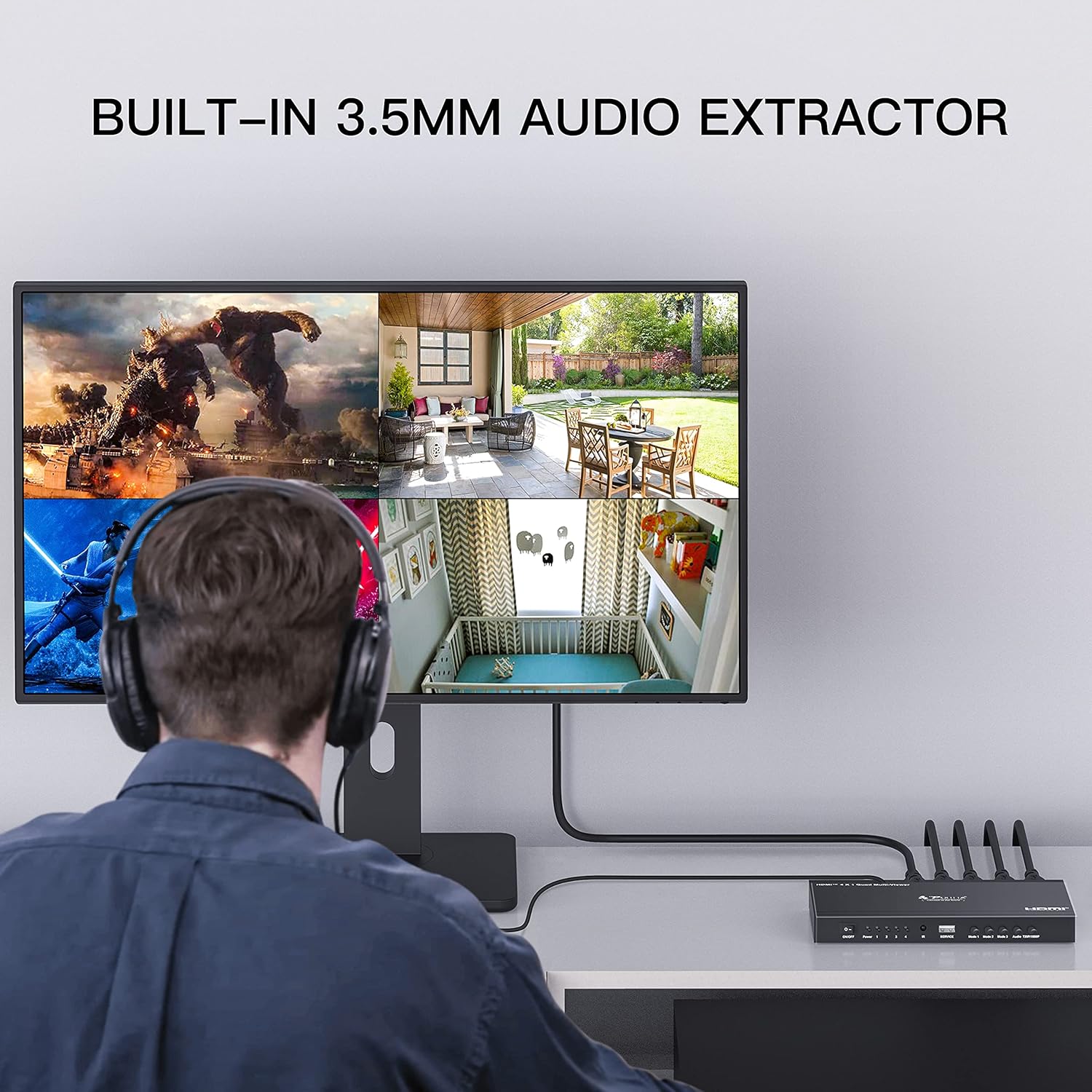 HDMI Multiviewer Switch 4x1,PORTTA HDMI Quad Multi-Viewer Seamless Switcher 4 in 1 Out with Loop, Audio Extractor to Stereo,4K