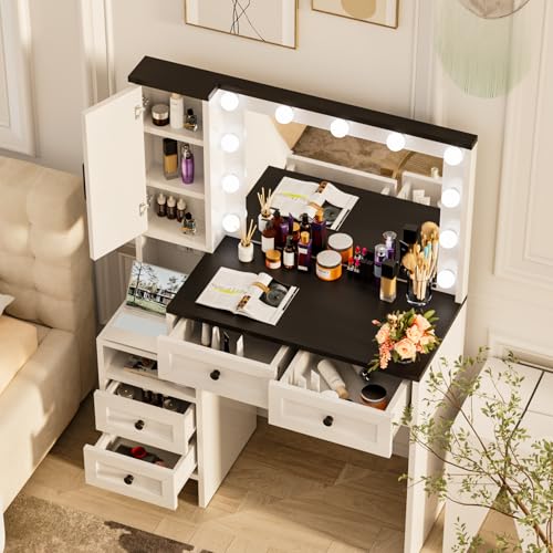 Likein Vanity Desk with Mirror and Lights, White Vanity with Jewelry Storage Cabinet, Makeup Dressing Table with 11 Drawers, Charging Station