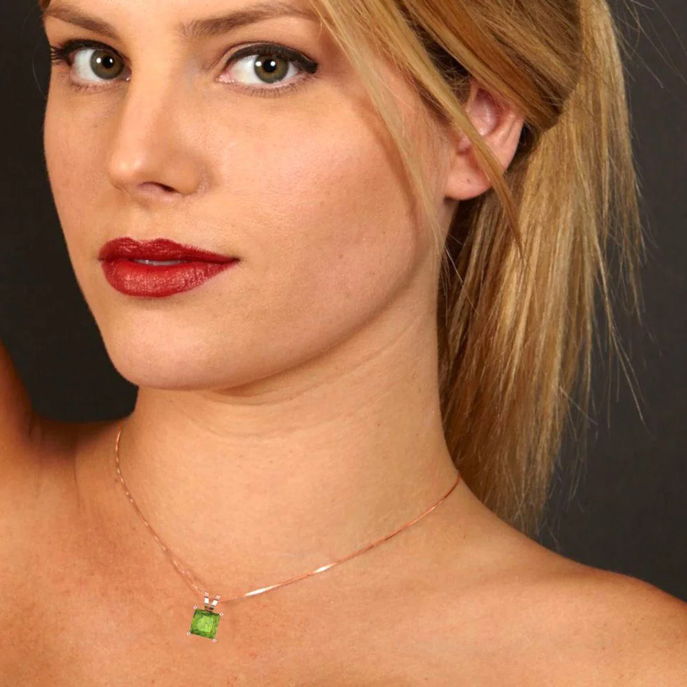 1.5 ct Brilliant Princess Cut Solitaire Natural Peridot 18K Rose Gold Pendant with 16" Chain