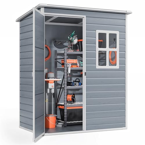 Gizoon 6x4 FT Outdoor Storage Shed with Floor, Resin Garden Tool Shed with Lockable Doors, Window, Vents, Reinforced Steel Frame