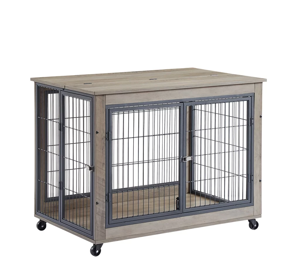 Lausatek Double Doors Wire Wood Dog Kennel Indoor with Divider Panel,Wooden Dog Crate Furniture,Dog Crate End Table with Tray