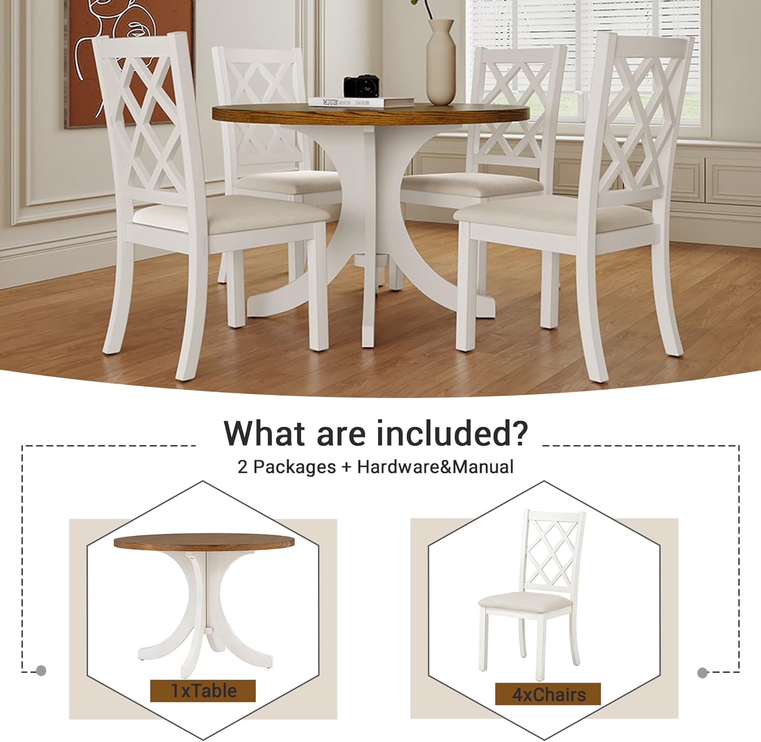 LUMISOL 5 Piece Round Dining Table Set, Wooden Kitchen Table Set with 4 Upholstered Chairs, Framhouse Dining Room Table and Chairs Set for 4, Walnut