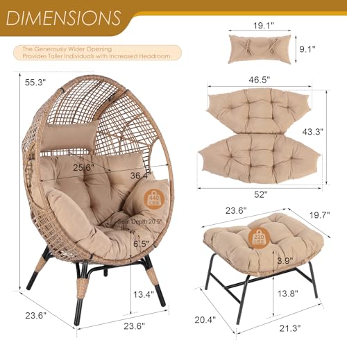 NICESOUL Egg Chair Indoor Outdoor, Large Egg Lounge Chair w/Ottoman, Oversized Comfy Cushioned Brid Cage Seat 440lbs