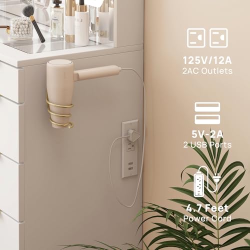 Farmhouse Vanity Desk with Sliding Lighted Mirror & Stool, Vanity Dresser Combo, Large Makeup Vanity with 8 Storage Shelves, 5 Drawers