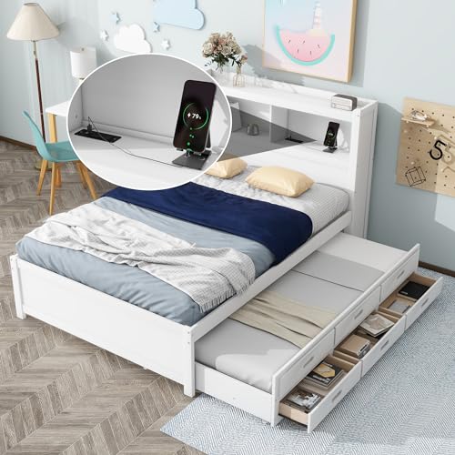 Full Size Storage Bed with Bookcase Headboard and Trundle, Wood Platform Bed Frame with Charging Station
