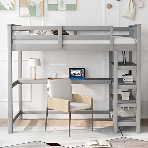 Harper & Bright Designs Full Loft Bed with Desk and Wardrobe,Solid Wood Loft Bed Frame Full with Storage Drawers for Kids Teens Adults
