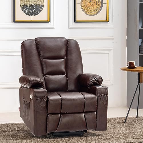 MCombo Small Power Lift Recliner Chair with Massage and Heat for Petite People, Cup Holders, USB Ports, Side Pockets, Faux Leather 7569 (Small