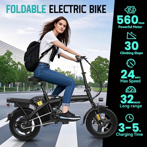 Electric Bike for Adults Teens, Commuter City Foldable ebike with 560W Motor and 48V Battery, 24MPH 3-Level Assist, Dual Disc Brakes