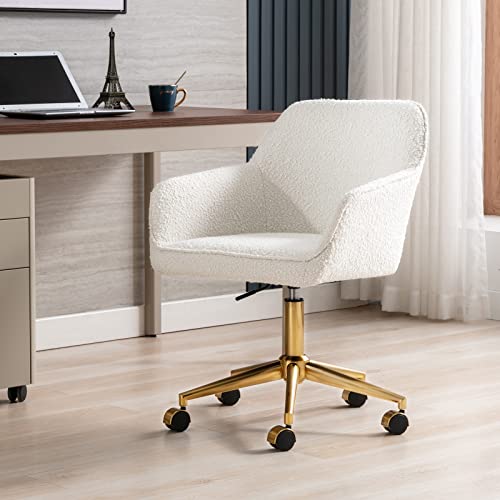 Zesthouse Modern Desk Chair with Wheels, White Swivel Vanity Chair for Girls Women, Upholstered Home Office Chair Boucle Armchair for Bedroom