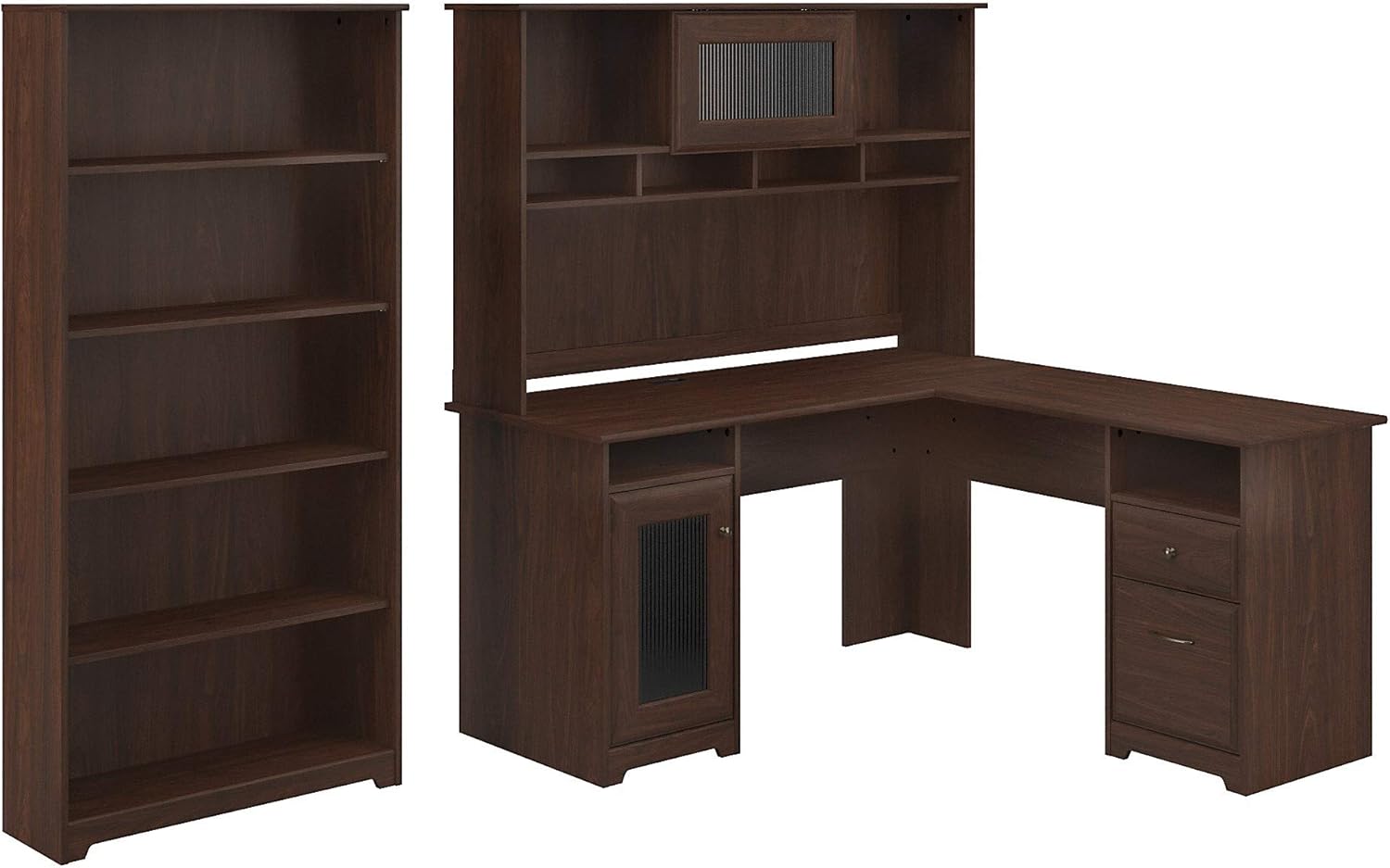 Bush Furniture Cabot L Shaped Desk with Hutch and 5 Shelf Bookcase