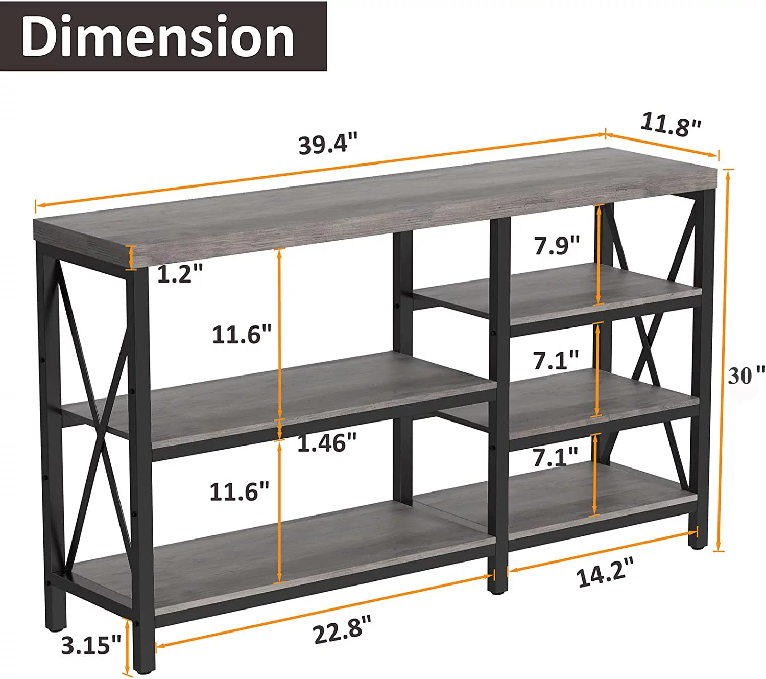 Duerer 5-Tier Console Table for Entryway, Industrial Sofa Table Narrow Storage Shelves for Living Room, Hallway, Gray