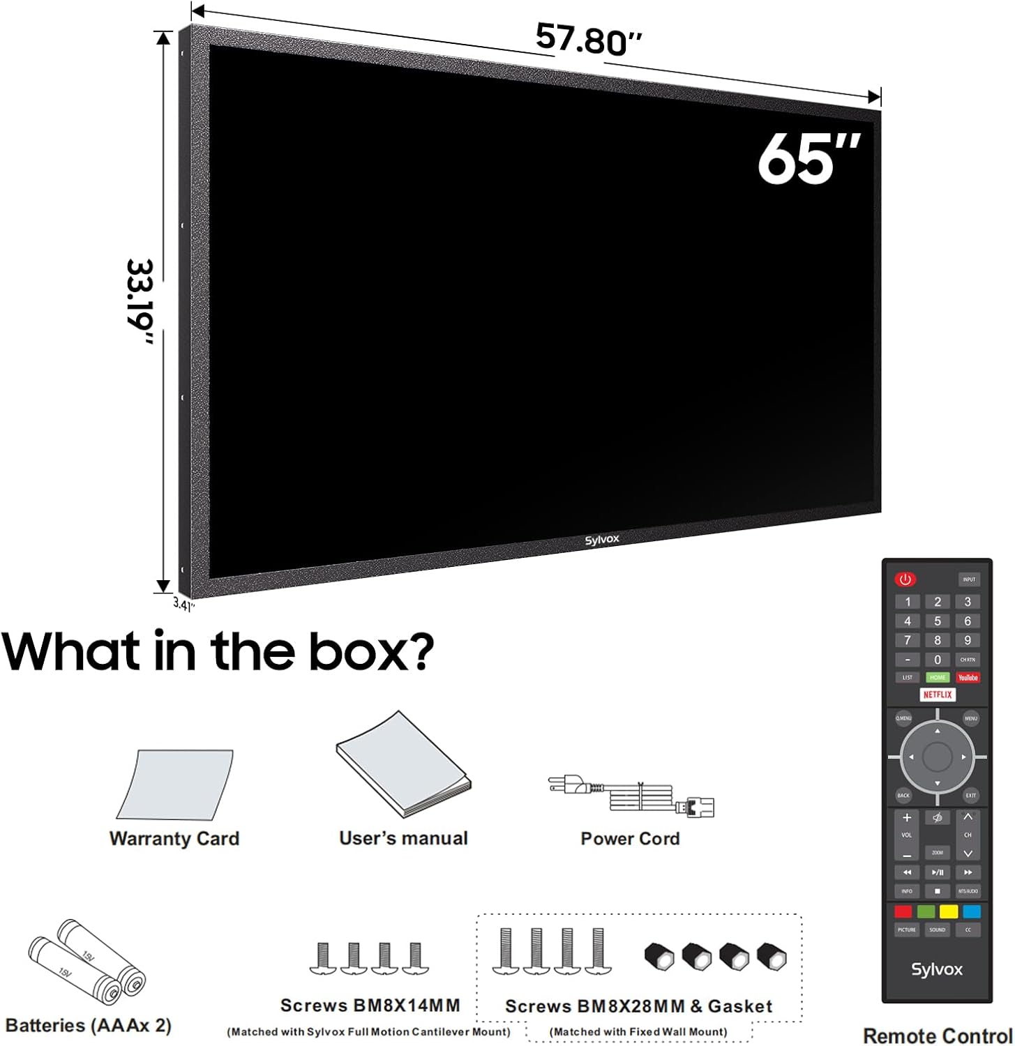 SYLVOX 65 inch Outdoor Signage TV, 2000nits for Partial Sun, IP55 Waterproof Outdoor TV, 4K UHD Commercial TV for Business, ATSC & NTSC Tuner