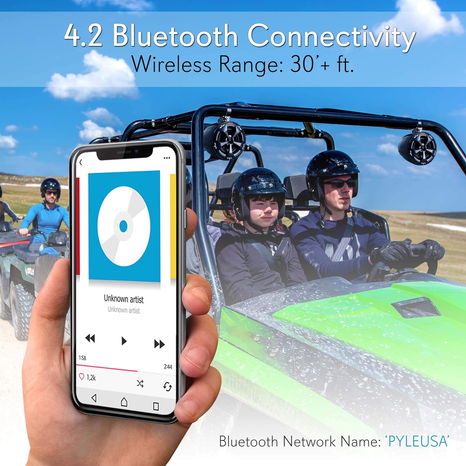 4” Waterproof Off-Road Bluetooth Speakers - 800W Power w/ Amplified Speaker System for ATV/UTV, Aux (3.5mm) Input Jack, Marine Grade Weatherproof