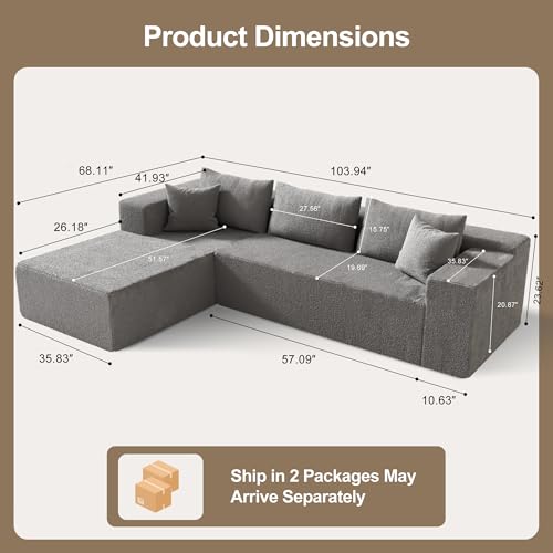 104" Sectional Couches for Living Room, Modular Sectional Sofa with Deep Seat, L-Shape Couch with Chaise, Cloud Couch for Living Room Bedroom