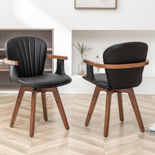 LUNLING Swivel Dining Chairs Set of 2, Mid Century Modern Gray Fabric+Faux Leather Kitchen Chairs with Arms,Bamboo Legs Side Chairs No Wheels
