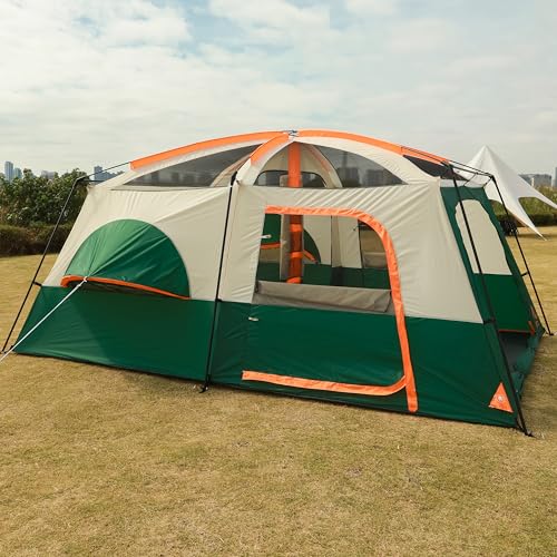 KTT Extra Large Tent 10-12-14 Person(Style-B),Family Cabin Tents,2 Rooms,3 Doors and 3 Windows with Mesh,Straight Wall,Waterproof,Double Layer