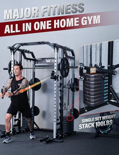 Major Fitness Drone2 Advanced Training Smith Machines– All-in-One Home Gym Squat Rack with Aluminum Pulley Set , Weight Bar