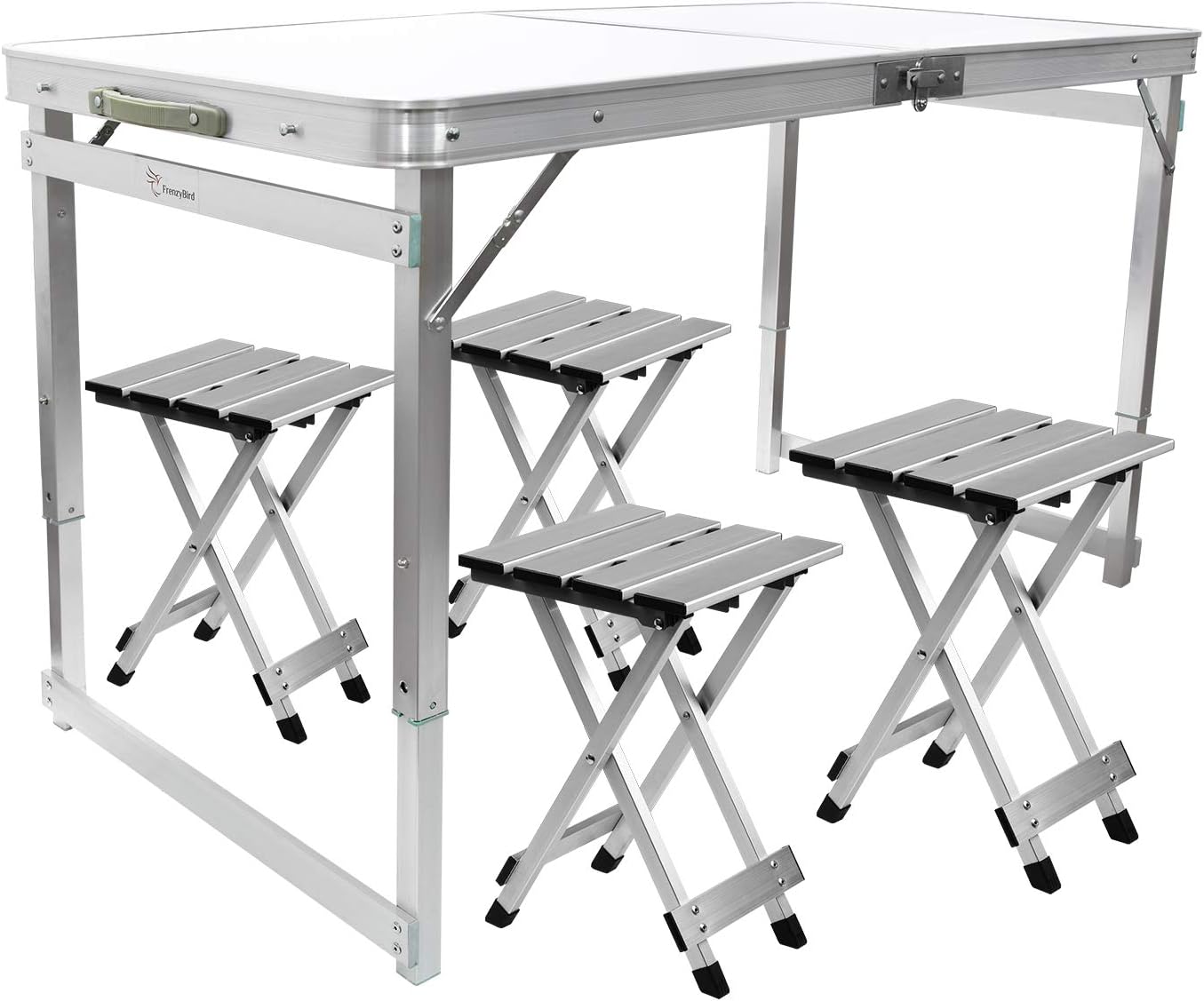 FrenzyBird Folding Picnic Table with 4 Stools, Aluminum Table Chair Set for up to 4 Persons